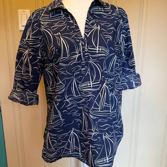 Talbots Navy Blue White Sailboat Nautical Cotton Tunic Top Long Sleeve XL - Picture 1 of 6
